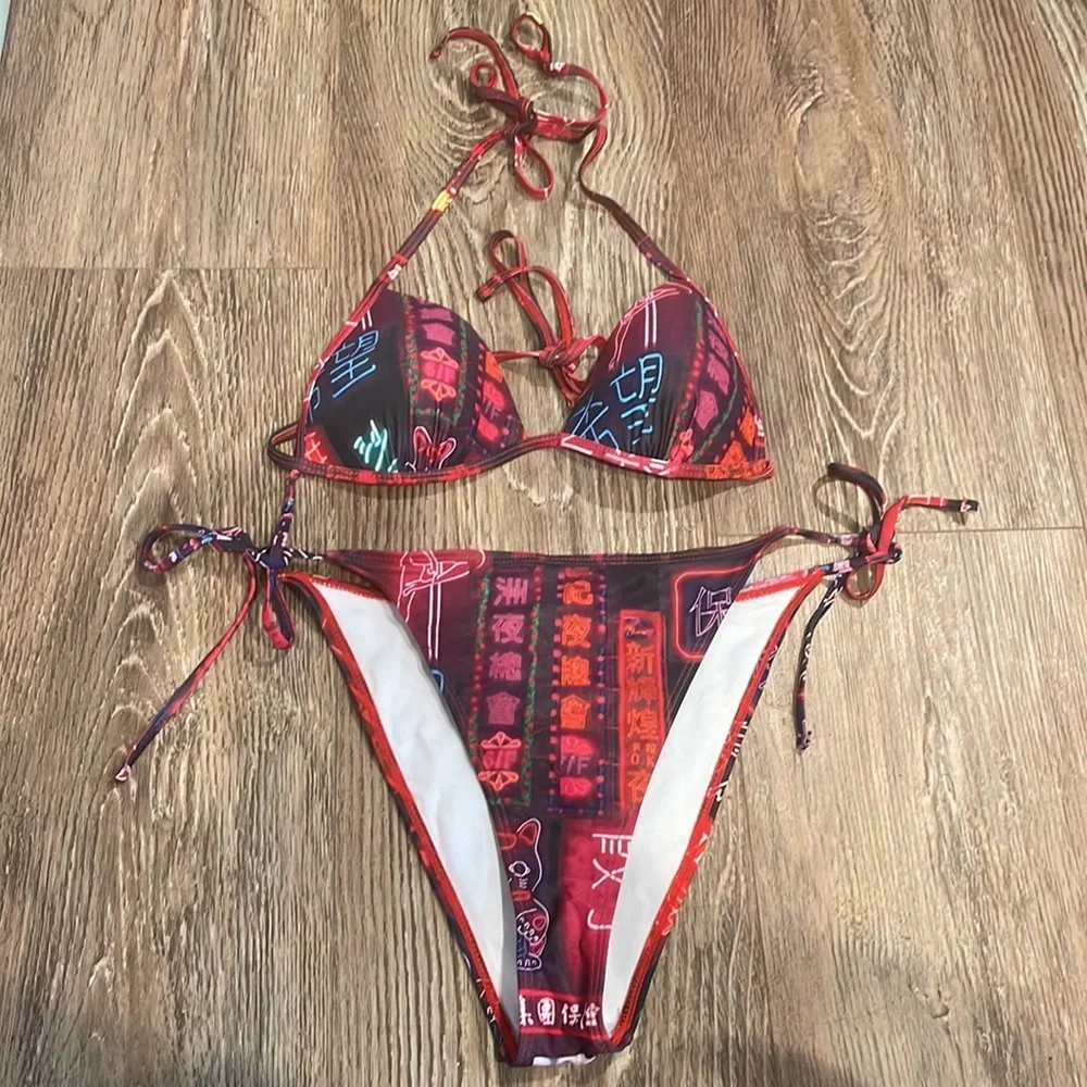 Neon Asian Streetwear Print String Bikini
